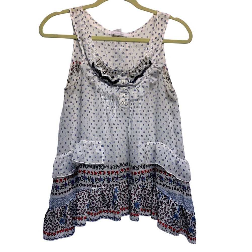 Boho Glam Sleeveless Blouse Small Floral Beaded Ruffle Tiered Peasant Americana